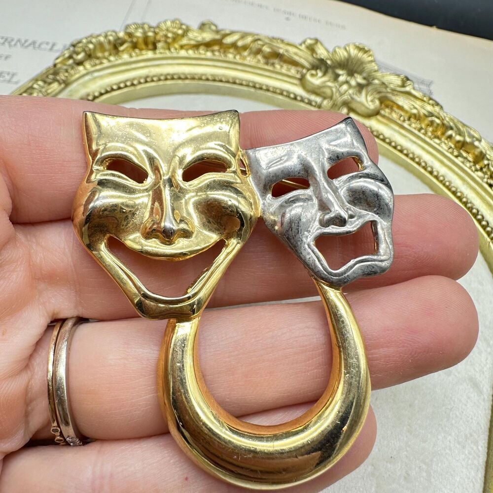 Vintage Lady Remington Happy Sad Face Mask Brooch Gold Silver Drama Theater pin